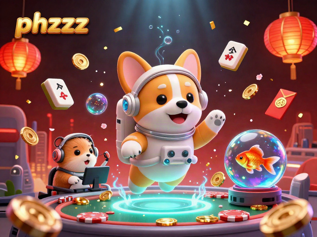 Engage with phzzz as astronaut corgi explores a vibrant space casino filled with coins and games.