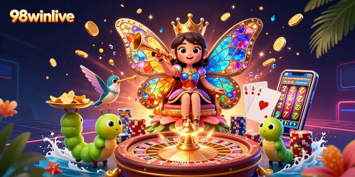 Experience excitement at 98winlive with a vivid 3D casino scene showcasing special characters and gaming elements.