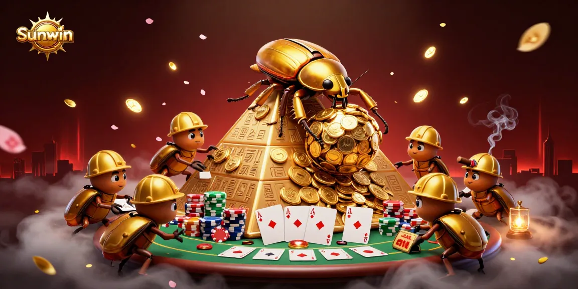 Experience thrilling gameplay at sunwin featuring vibrant casino scenes with golden beetles and poker action.
