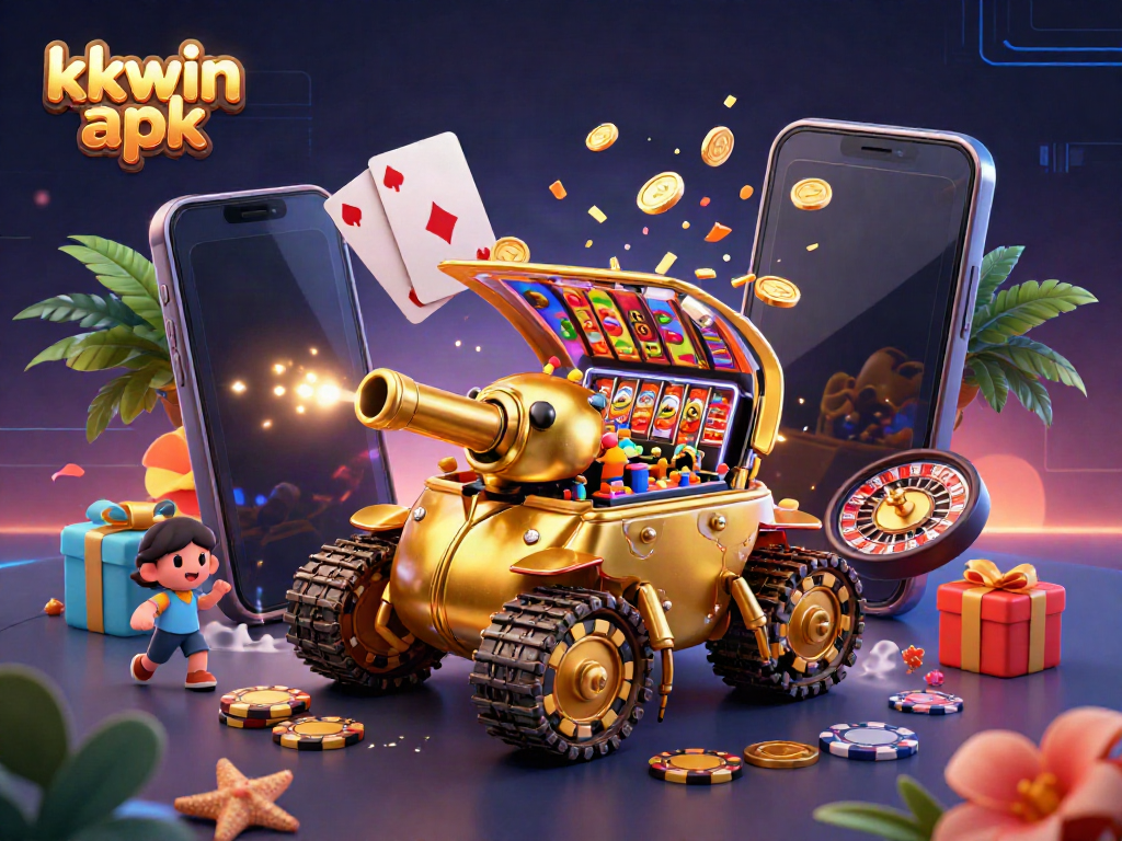 Experience the excitement of gaming with the kkwin apk in this vibrant 3D digital casino illustration.