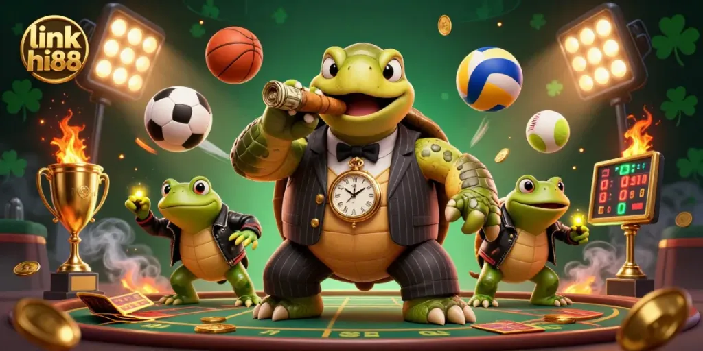 Bet on link hi88 and enjoy a vibrant 3D casino scene featuring a snapping turtle and bullfrog enforcers.