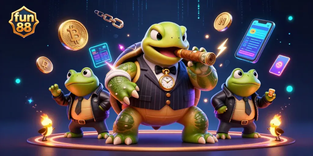 Engage in fun 88 gaming with a charming turtle in a casino-themed scene full of rich details.