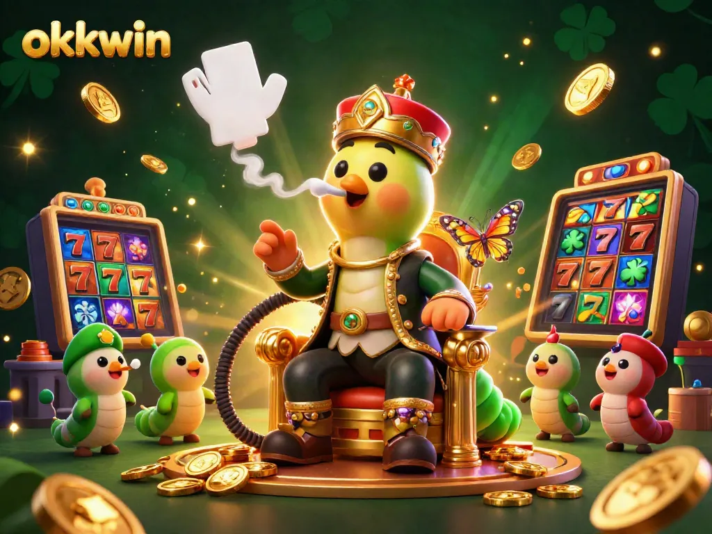 Experience the excitement of okkwin with a vibrant 3D illustration showcasing casino elements, colorful slots, and captivating characters.