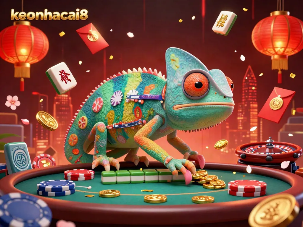 Engage with the color-shifting chameleon casino owner at keonhacai8, surrounded by festive gambling elements.