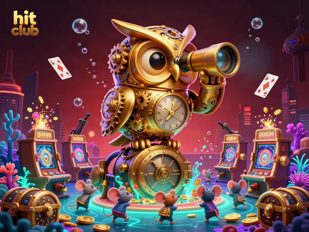 Engage with the hit club casino scene featuring a golden owl scanning a vibrant, colorful gaming floor filled with excitement.