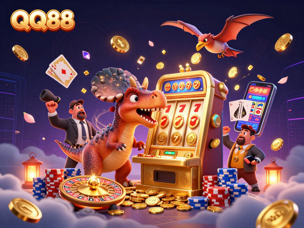 Experience an exciting jackpot win at QQ88 with lively characters, dynamic casino elements, and sparkling coins.