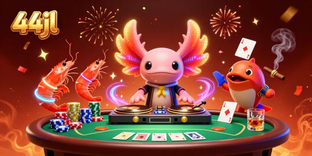 Spin the reels with 44jl's vibrant underwater casino scene featuring animated axolotl DJ and poker elements.