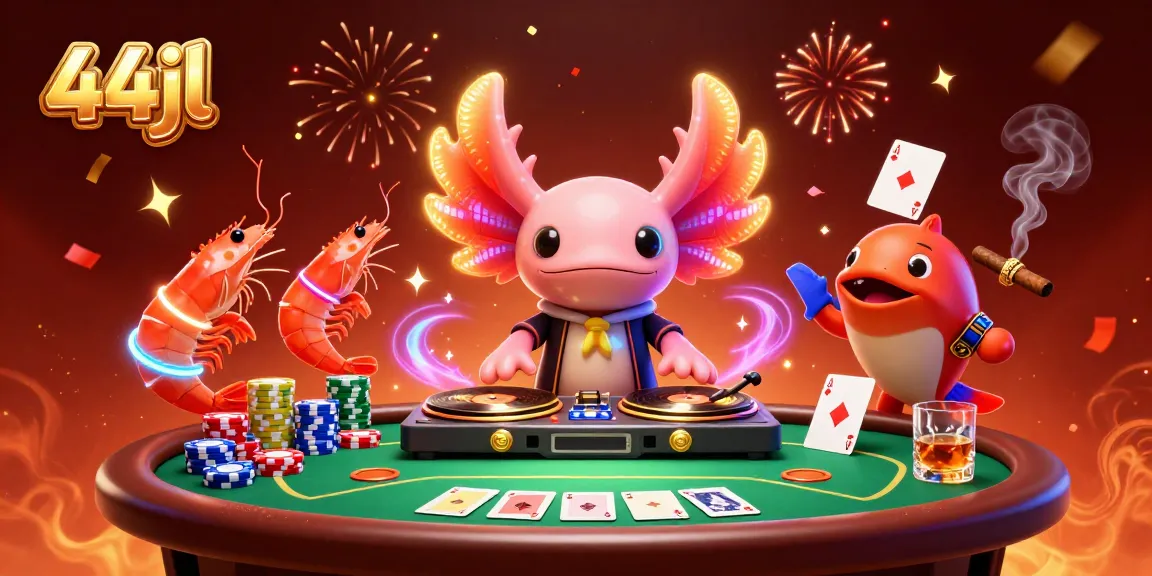 Spin the reels with 44jl's vibrant underwater casino scene featuring animated axolotl DJ and poker elements.