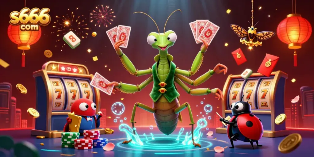 Experience thrilling gameplay at s666 com with an energetic casino scene featuring vibrant characters, games, and festive elements.