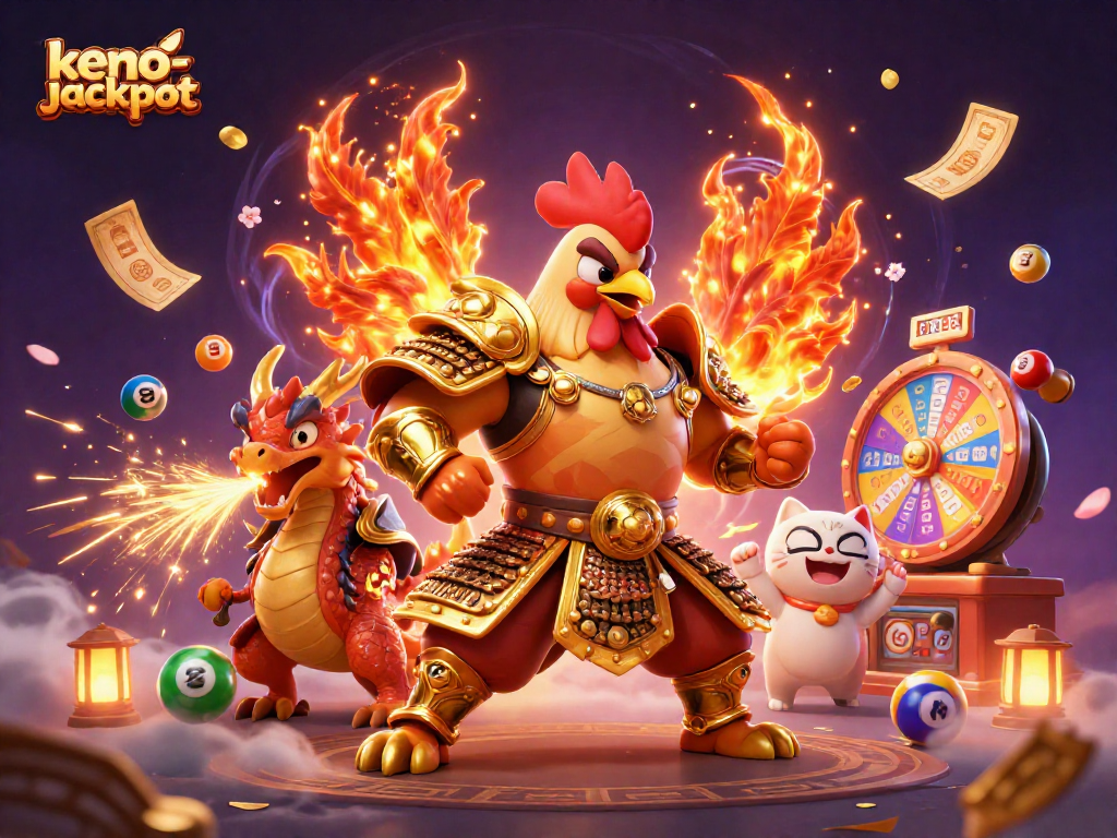 Engage in the thrilling keno-jackpot lottery experience with vibrant characters and dynamic game elements.