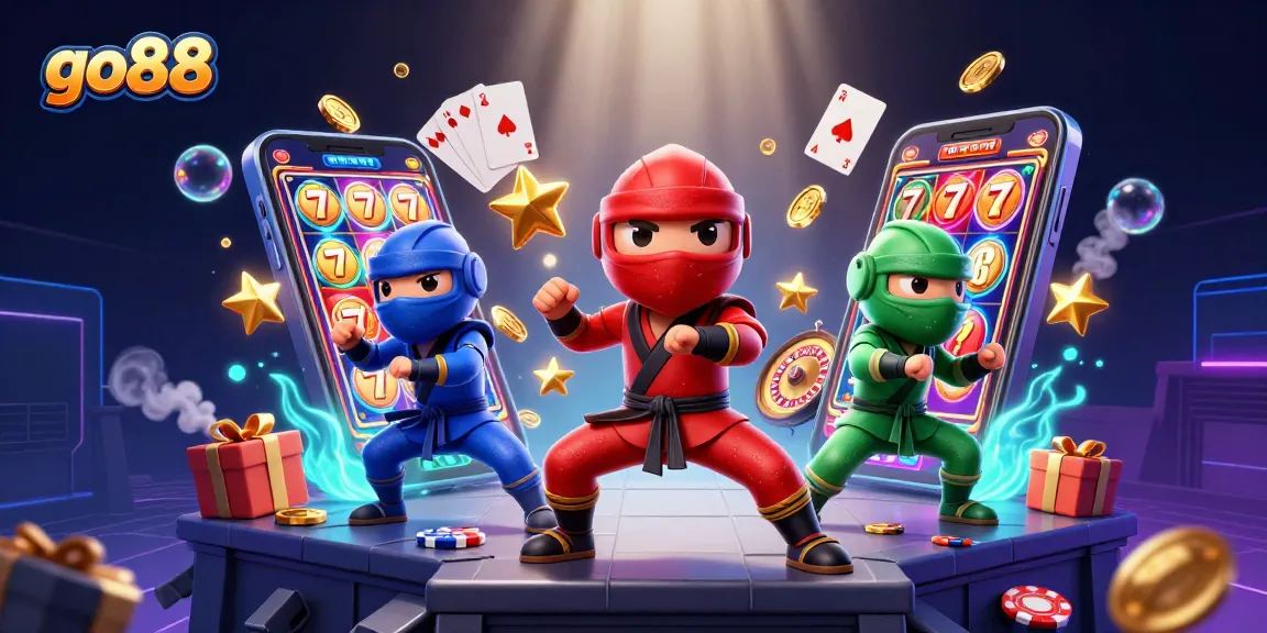 Experience winning thrills with go88's ninja chameleon team amidst slot games and vibrant casino elements.