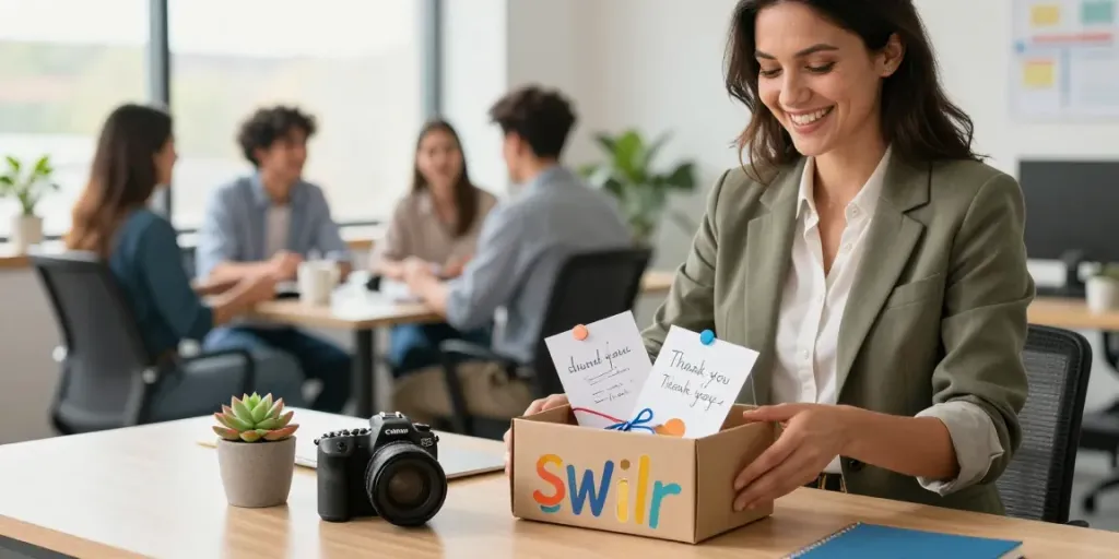 Creative employee gift boxes showcasing unique designs in a lively office setup.