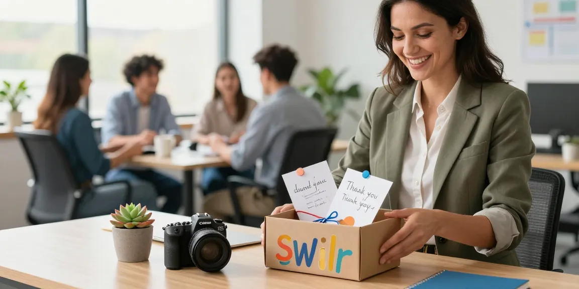 Creative employee gift boxes showcasing unique designs in a lively office setup.