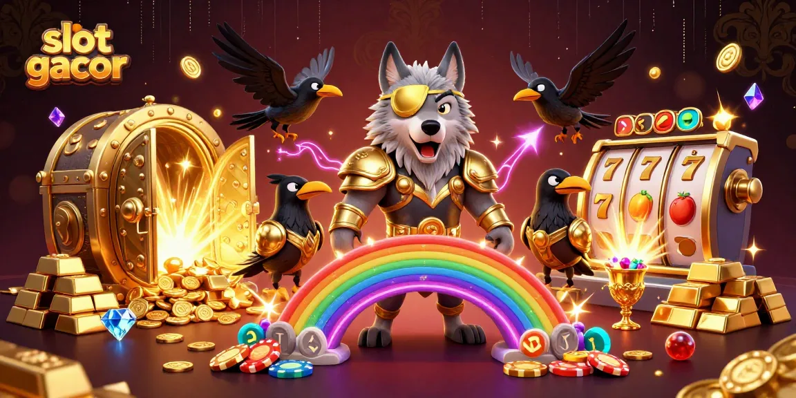 Experience slot gacor winning with a Norse-inspired wolf and treasures in a vibrant casino scene.