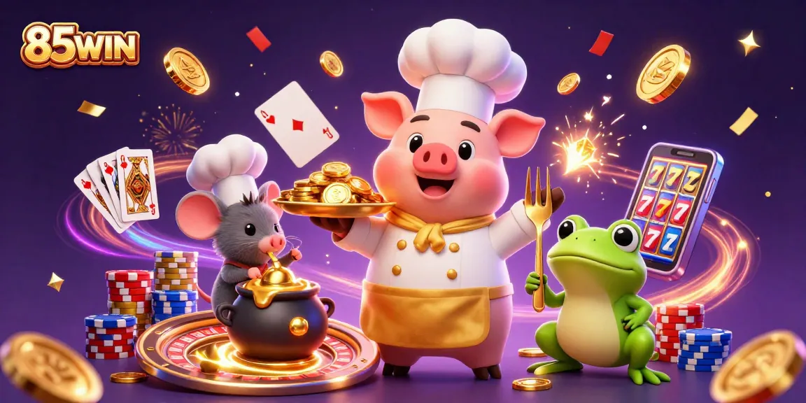 85WIN chef pig serves gold coins amidst casino games and riches, showcasing exciting gambling culture.