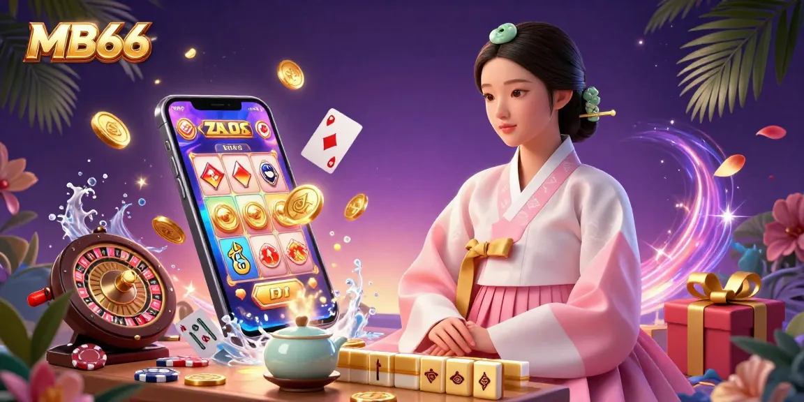 Engage with MB66, featuring an elegant woman in traditional attire surrounded by vibrant casino games.