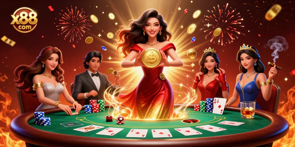 Experience thrilling gaming action with x88 com in this vibrant casino illustration.