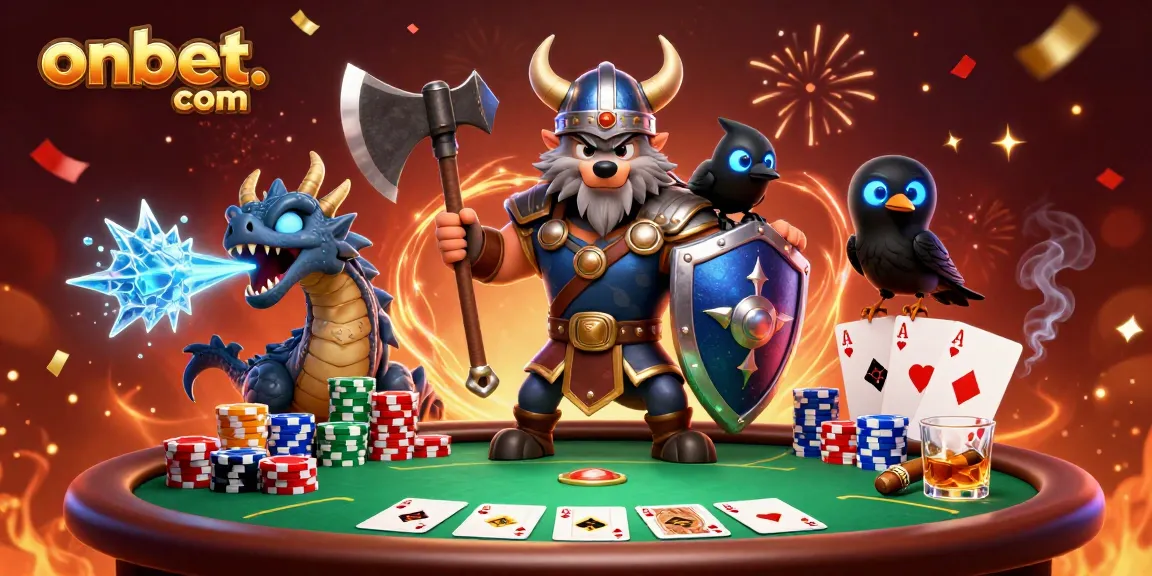 Engage with thrilling poker adventures at onbet. com featuring a Viking warrior, dragon, and chips.