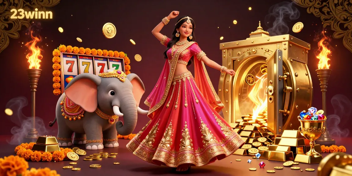 Engage in thrilling online gaming with 23winn's vibrant casino scene featuring luxurious gold elements.