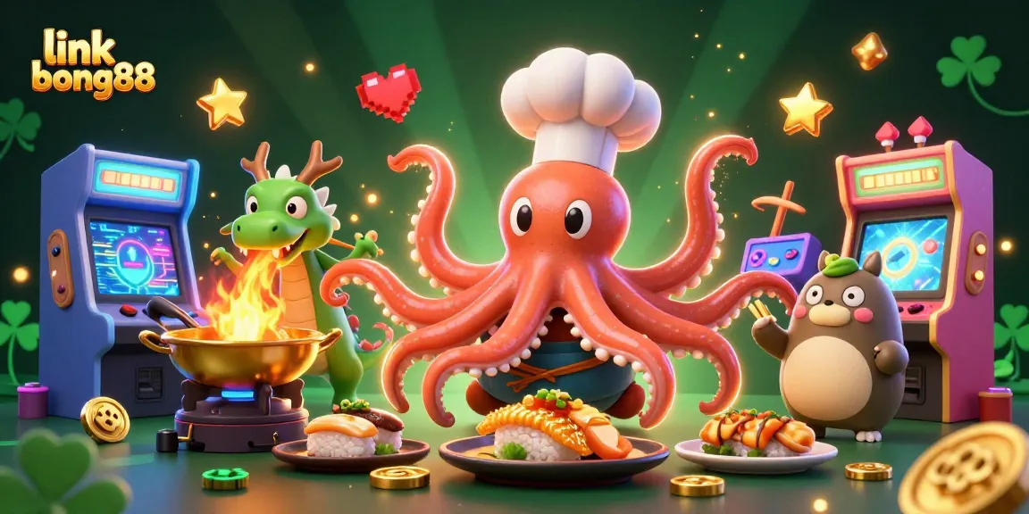 Link bong88 reveals vibrant casino gameplay with a colorful octopus chef, fiery dragon, and engaging game elements.