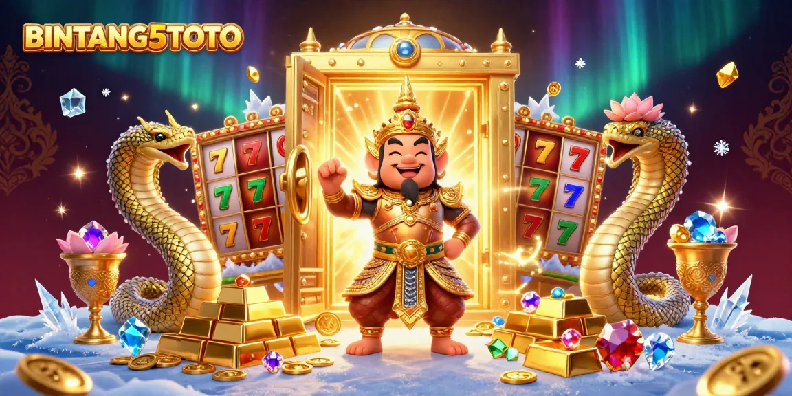 BINTANG5TOTO triggers excitement with a vibrant slot scene featuring golden guardians, treasures, and sparkling gems.