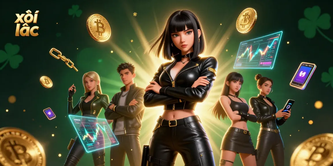 Engage with xôi lạc through an immersive casino scene featuring floating Bitcoin and Ethereum coins.