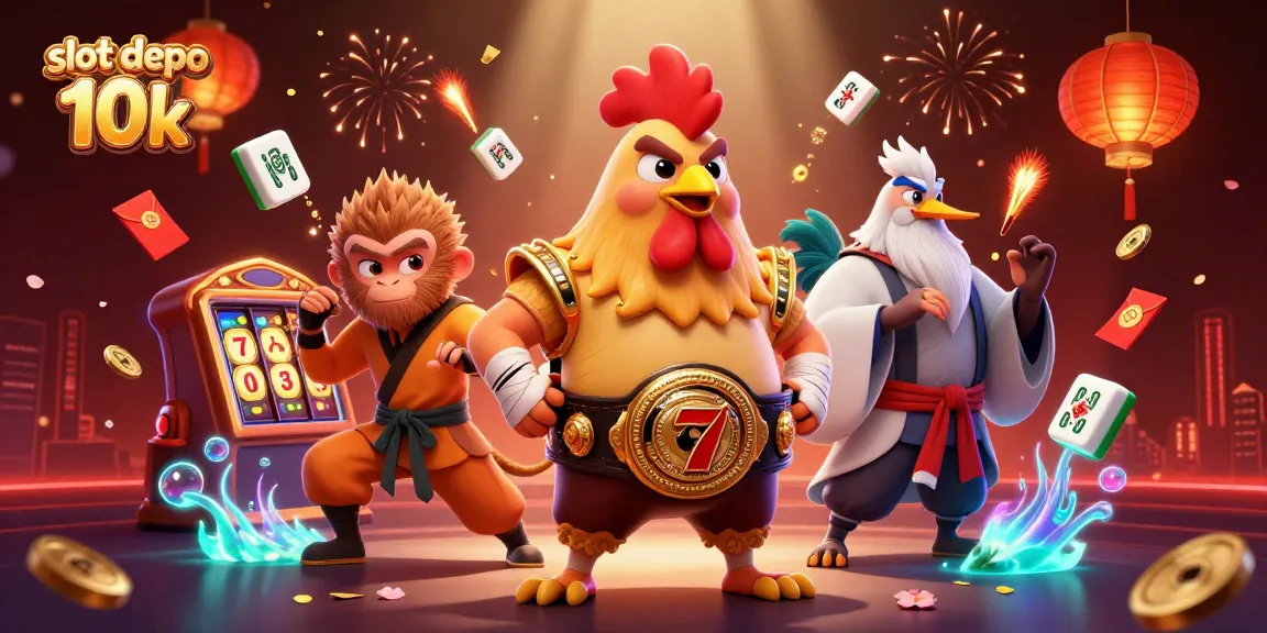 Engage with exciting slot depo 10k gaming featuring cartoon characters, slot reels, and vibrant casino elements.