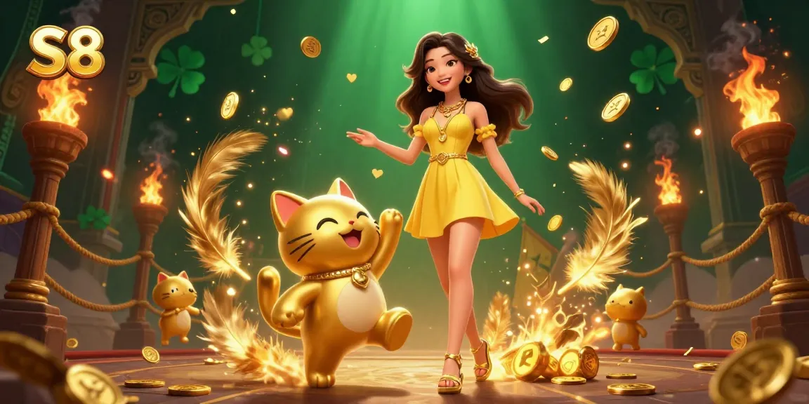 Engage in exciting online gaming with S8, featuring a cheerful scene of a woman and a lucky cat surrounded by coins.