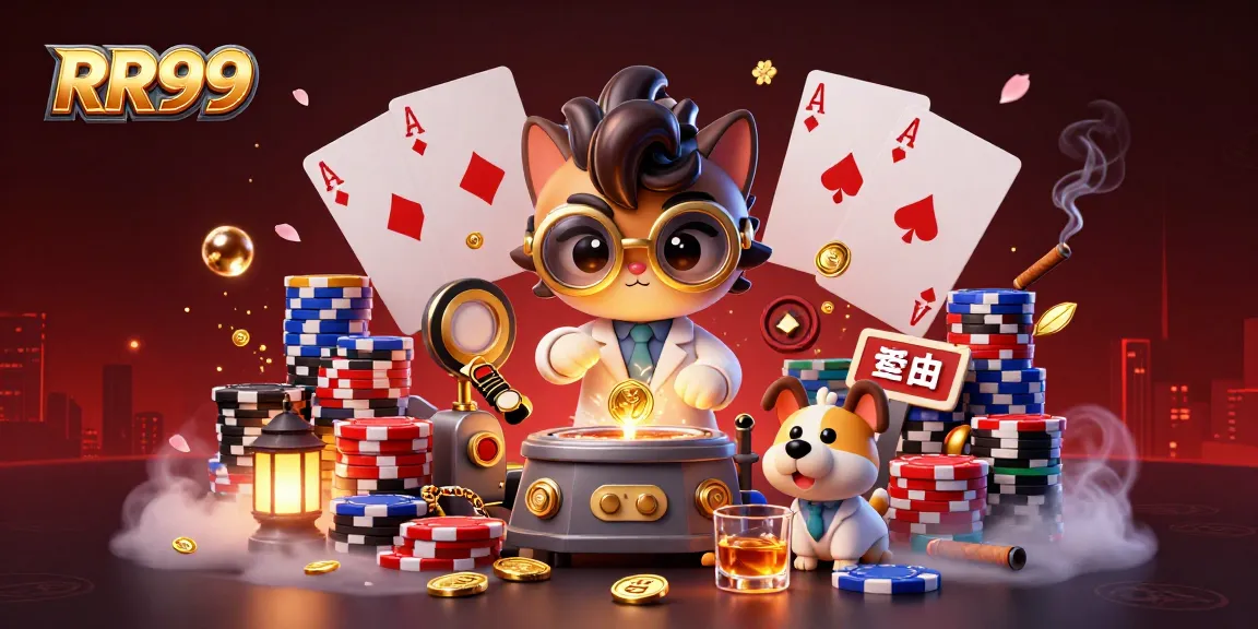 RR99 showcases a dynamic casino scene with a mad scientist cat and assistant dog, amidst poker elements.
