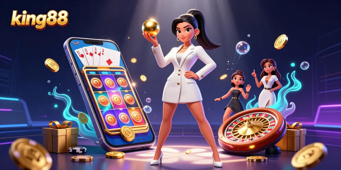 Spin the reels and win at king88, featuring an elegant dealer amidst vibrant casino elements.