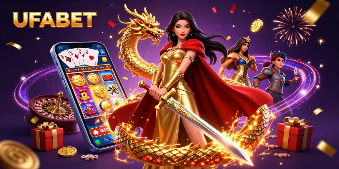 Engage in thrilling casino gaming with UFABET featuring a warrior queen, golden dragon, and vibrant gaming elements.