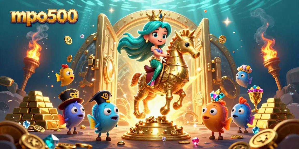 Unveil mpo500's thrilling world as the mermaid princess rides a seahorse in a treasure-filled underwater adventure.