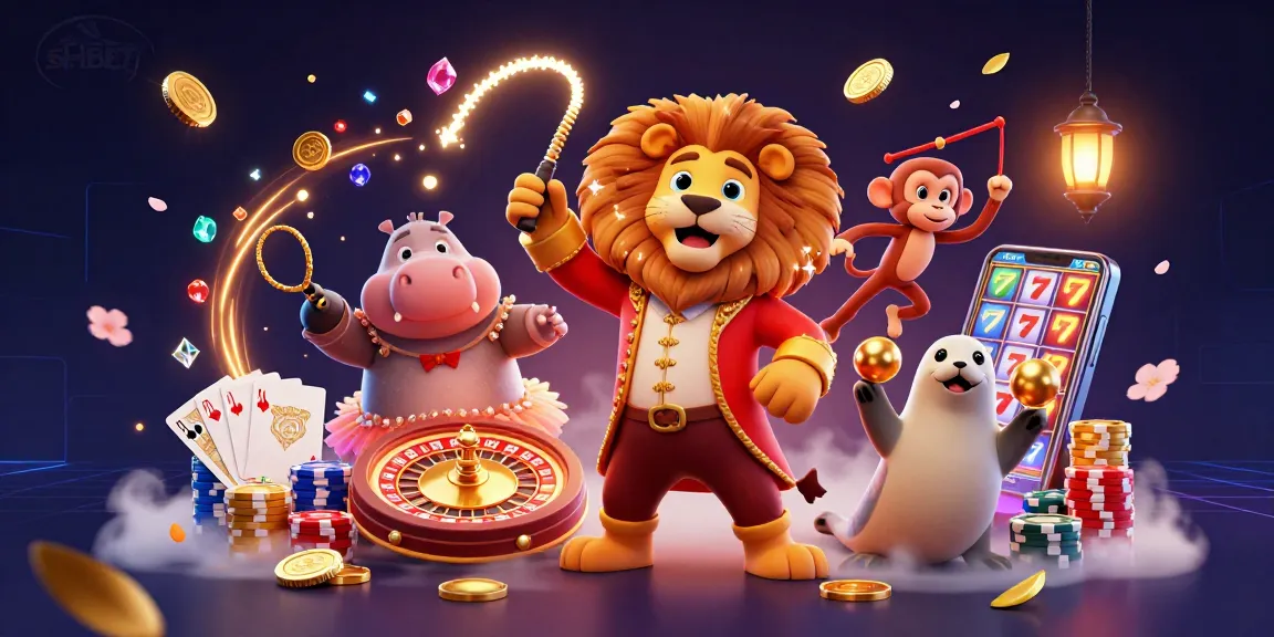Experience the excitement of SHBET with a vibrant casino scene featuring a lion, hippo, monkey, and seal.