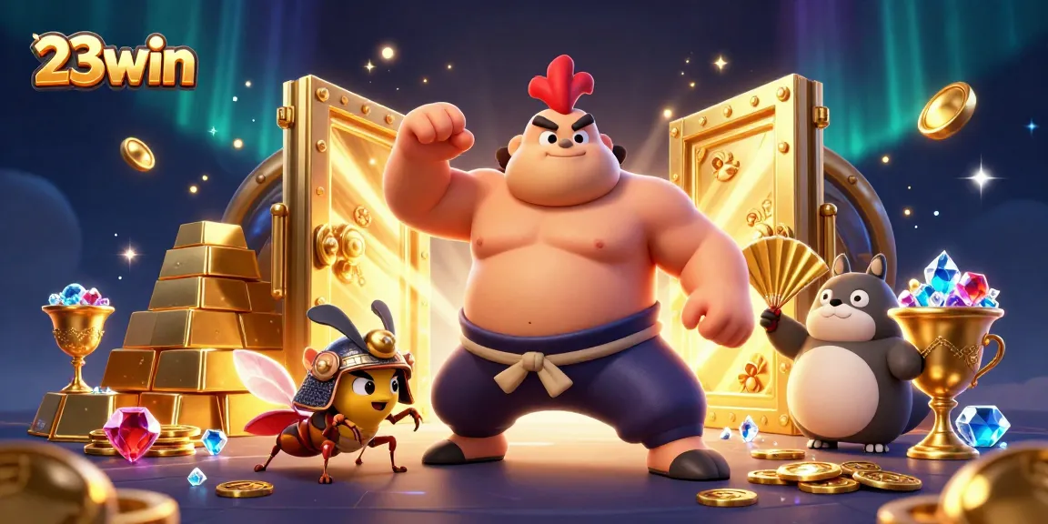Bet on exciting 23win adventures with a sumo wrestler, cricket, and tanuki celebrating huge wins.