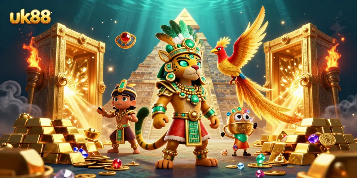 Engage in the exciting world of uk88 casino, featuring a Mayan jaguar priest amidst treasures and gaming elements.