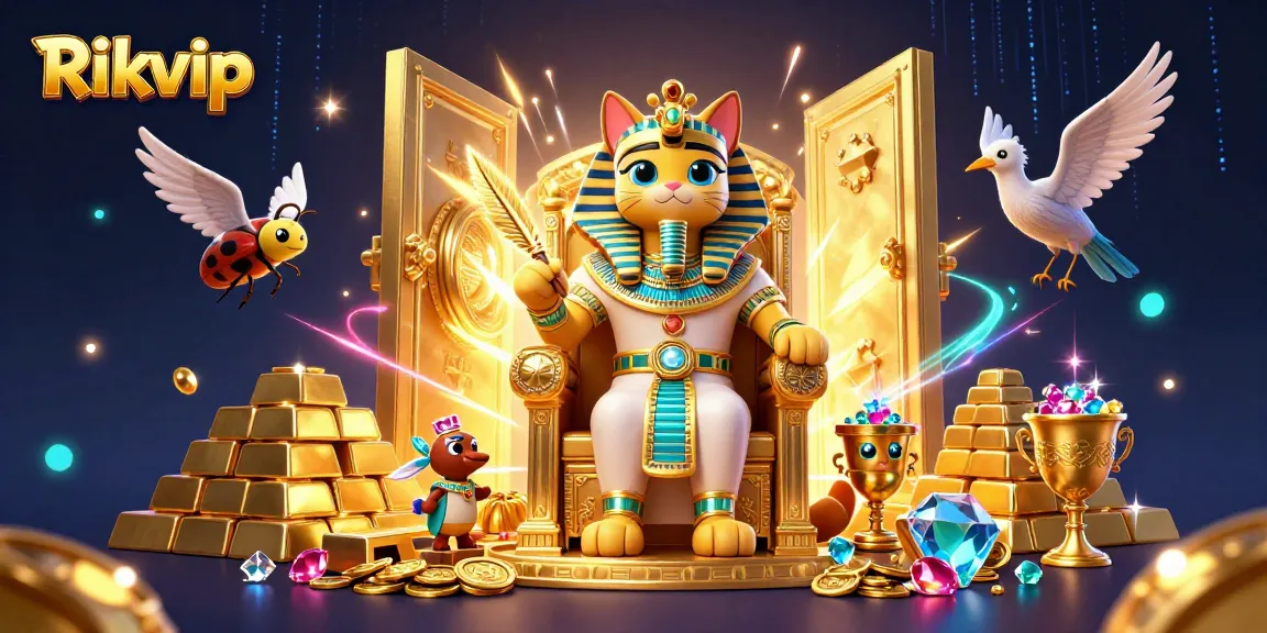 Rikvip showcases a vibrant casino scene with a lavish Egyptian theme and dynamic gaming elements.