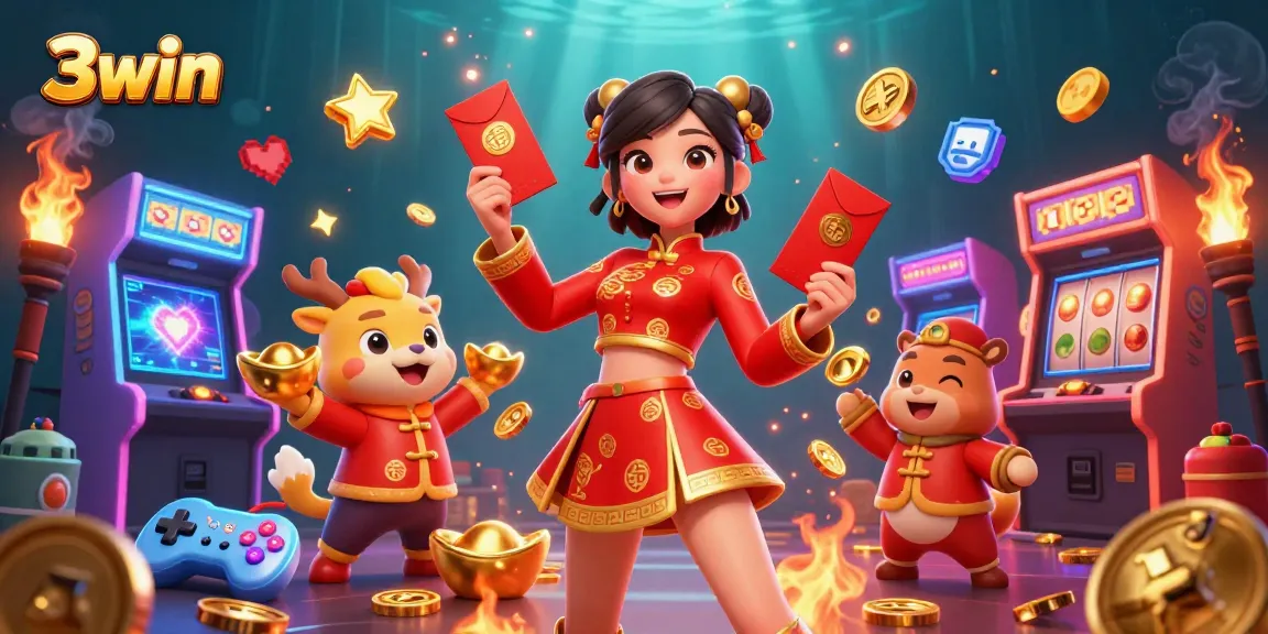 Win big with 3win casino, showcasing festive games, vibrant characters, and thrilling action.