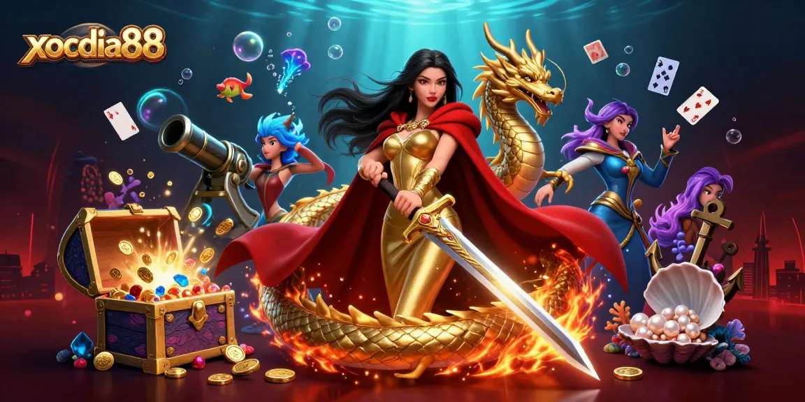 Xocdia88 showcases gameplay with an enchanting queen and dragon, rich in casino-themed treasures.