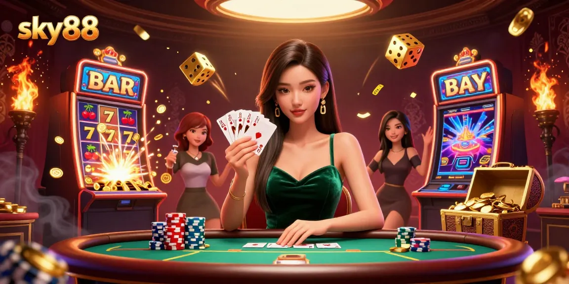 Experience the thrill of gaming at sky88 with a stunning casino scene featuring immersive poker action.