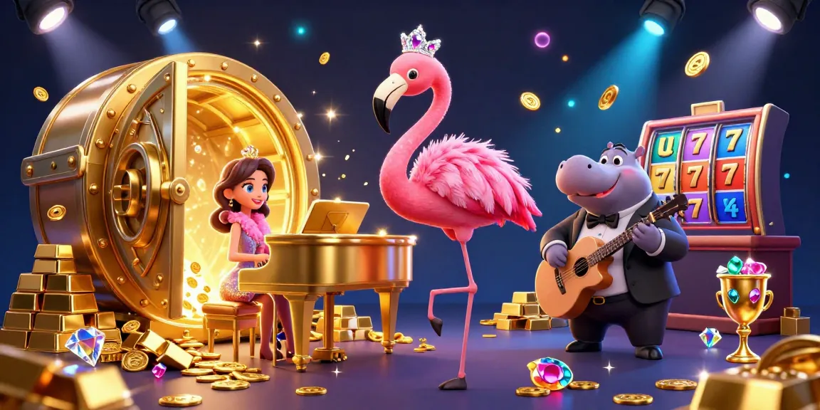 Experience thrilling action with หนังใหม่ชนโรง casino scene featuring a flamingo singer and a hippo bassist.