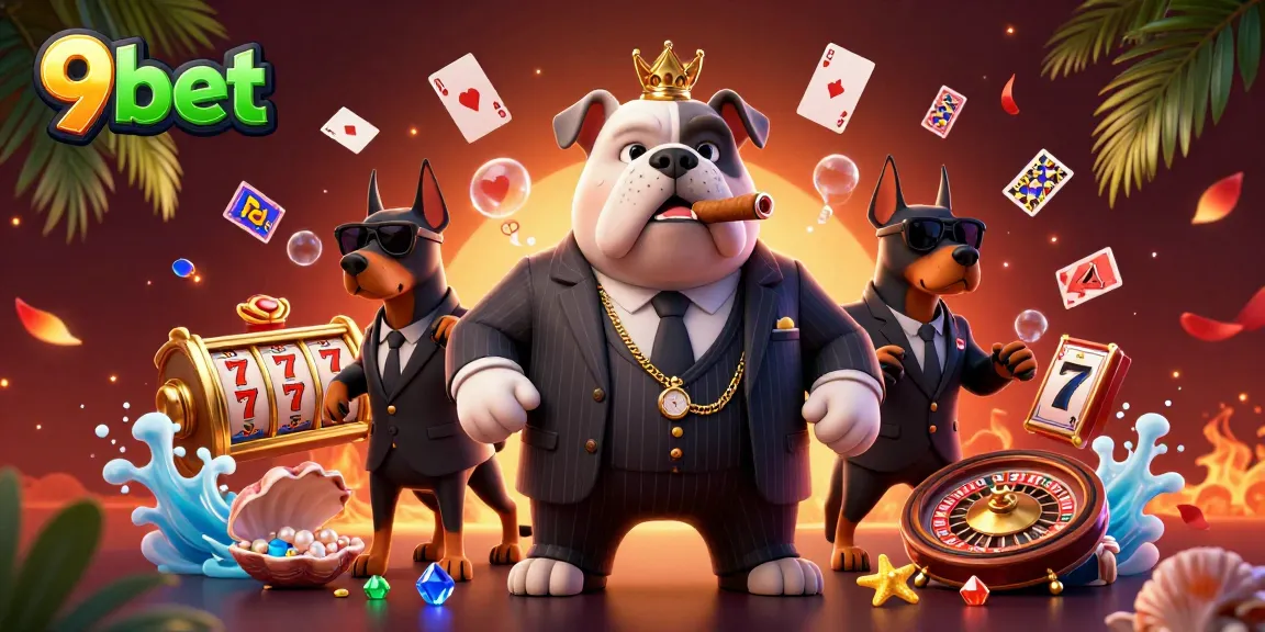 Engage with 9bet's thrilling action in a vibrant casino-themed illustration showcasing dynamic gambling elements.