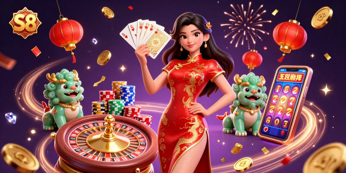 Win big at S8 with a vibrant scene featuring a woman in a qipao and jade lion at a casino.