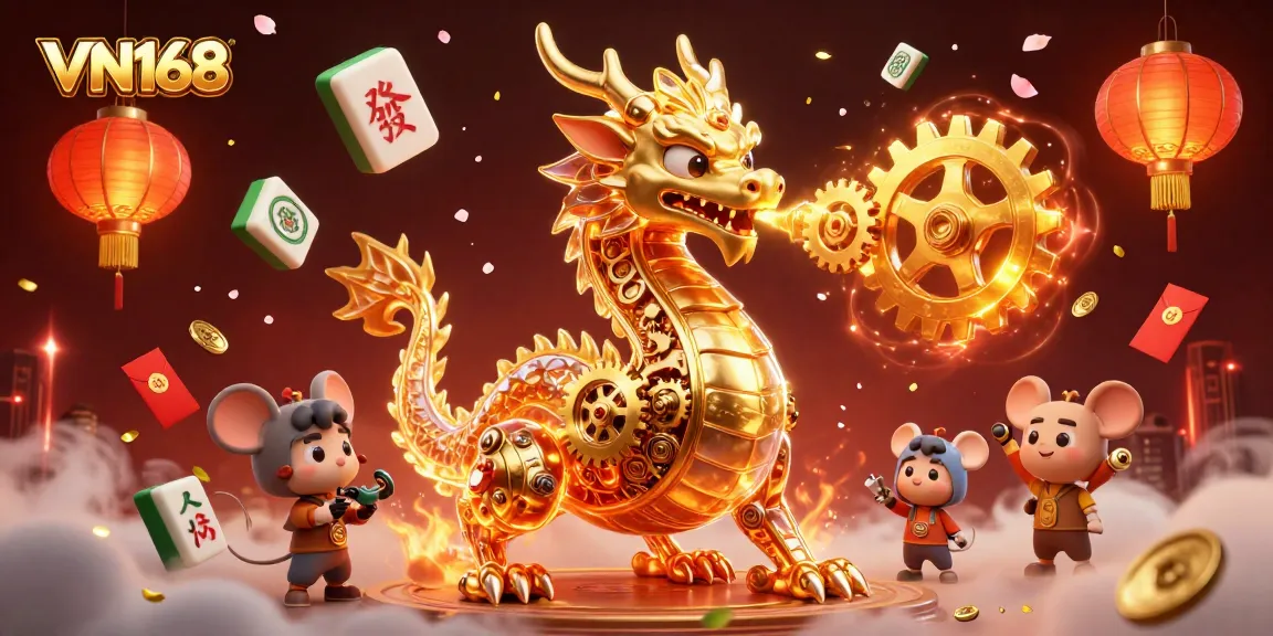 Experience the thrilling VN168 casino magic with a dragon and vibrant festive elements.