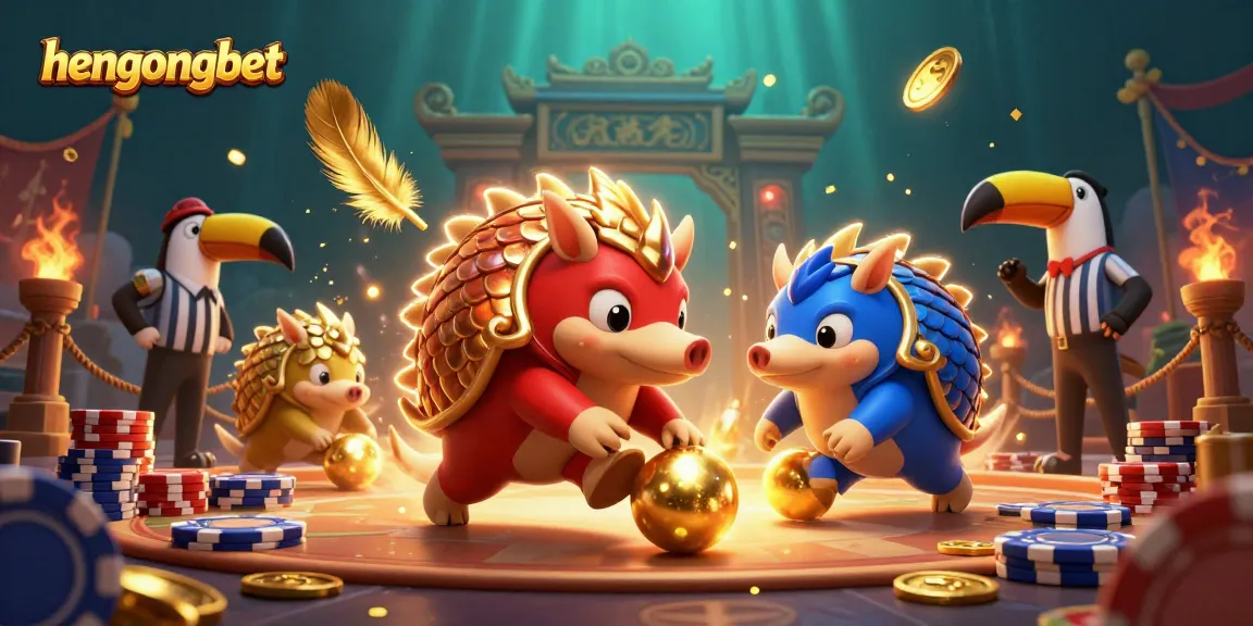 Experience the thrilling action at hengongbet, where pangolins engage in a vibrant casino battle amidst golden coins and poker chips.