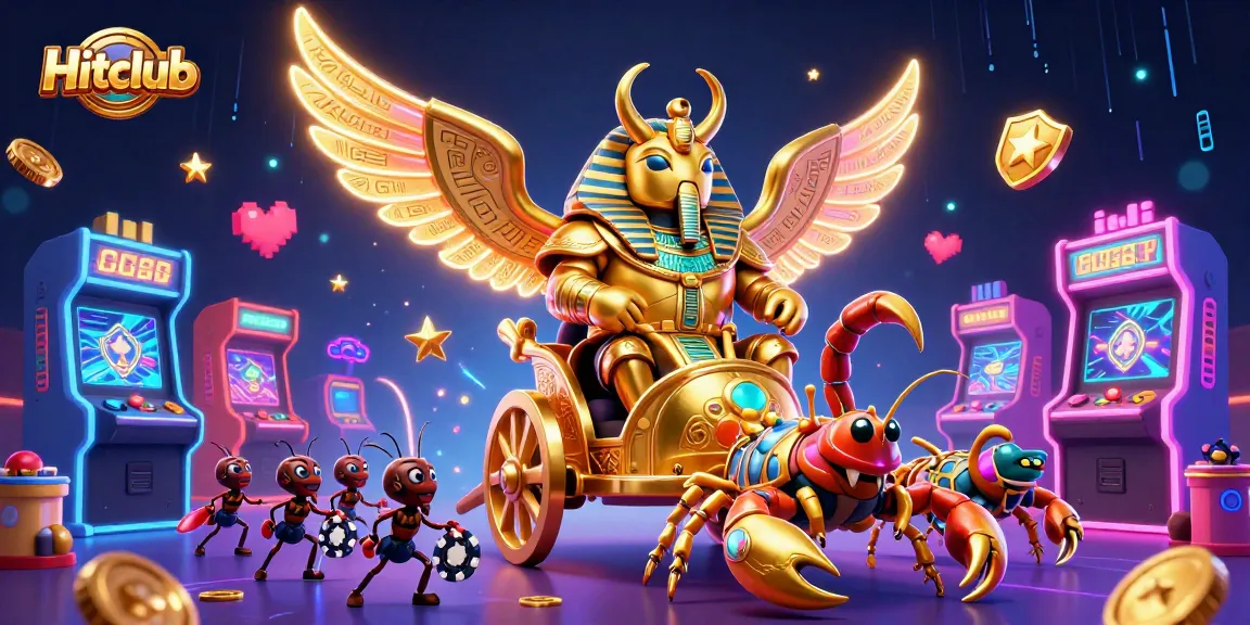 Hitclub showcases a golden scarab beetle in a lively casino scene filled with gaming elements and excitement.