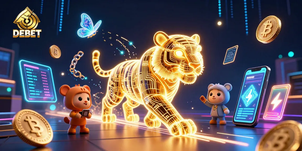 Engage with DEBET's vibrant digital casino experience featuring a neon-wireframe tiger amidst crypto elements.