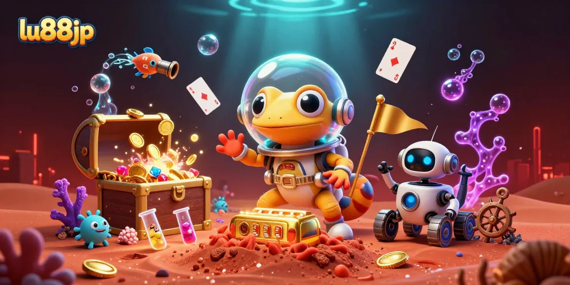 Experience thrilling gameplay at lu88jp with vibrant slots and gold treasures in a Martian casino scene.
