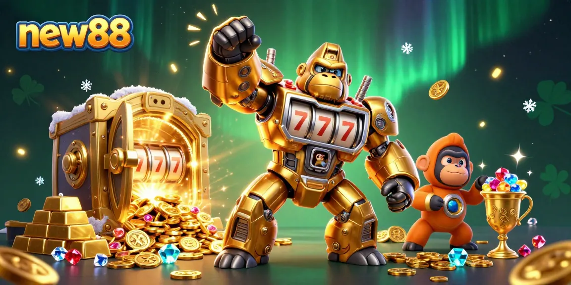 Experience thrilling wins at new88 with a vibrant golden gorilla mech bursting with jackpots and treasures.