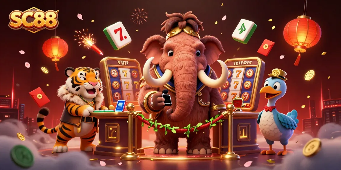 Experience the excitement of SC88 with a dynamic casino scene featuring a bouncer, VIP guest, and vibrant gaming elements.