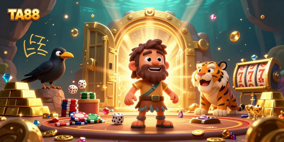 Engage in thrilling casino adventures at TA88 with caveman and sabertooth characters amidst golden treasures.